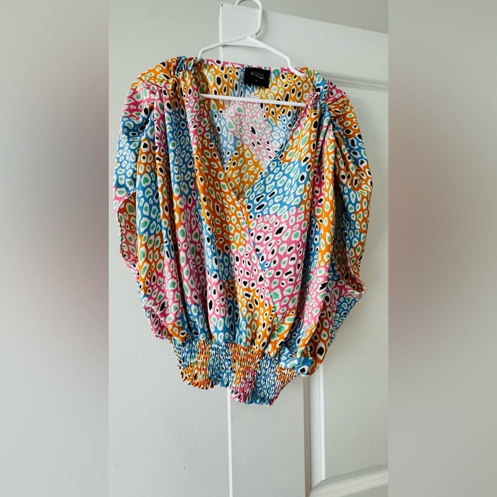 Colorful Multicolor V-Neck Smocked Waist Women's Top - Picture 8 of 8
